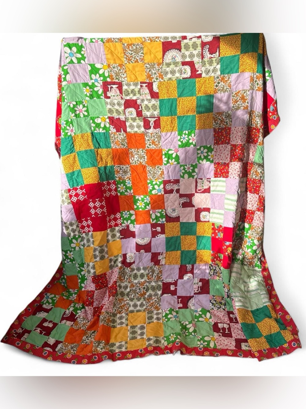 Vintage Patchwork Quilt - Multicolor Cotton Cottagecore Shabby Chic Grandmacore - Picture 4 of 9